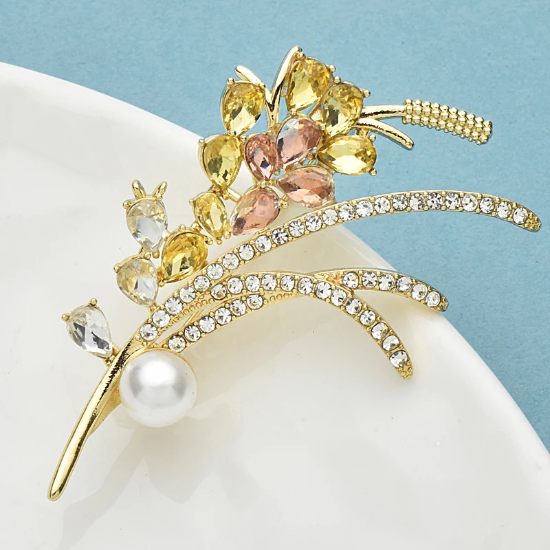 Wuli&baby Rhinestone Wheat Brooches For Women Unisex Pearl Flower Plants Office Party Brooch Pins Gifts