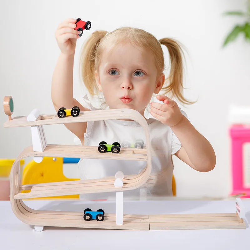 Tracker visivo per la prima educazione dei bambini pista da corsa inerziale in legno esercizi di coordinazione occhio-mano giocattoli per auto Glide regali per bambini