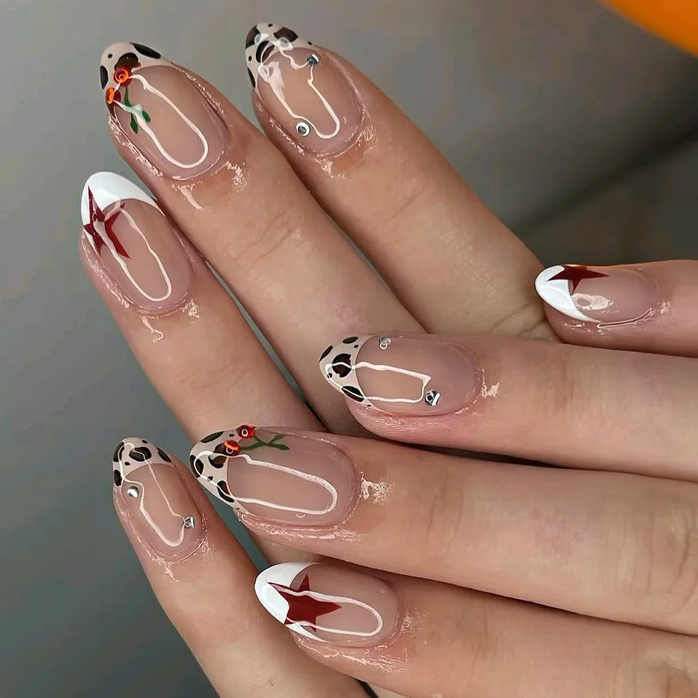 24Pcs Black Spot False Nails Press on Shiny Powder White Line Smudge Fake Nail Art Short Almond Detachable Full Cover Nails Tips