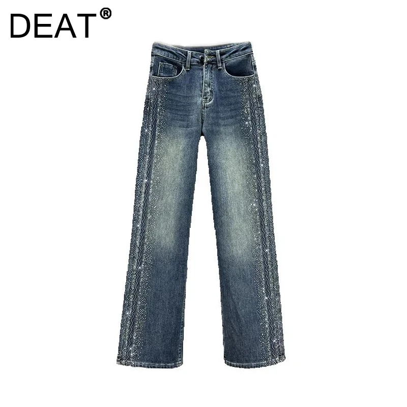 DEAT Women's Jeans Side Rhinestone Loose Wide Leg Straight High Waist Plush Thick Denim Pants 2024 New Fashion Winter 29L9047