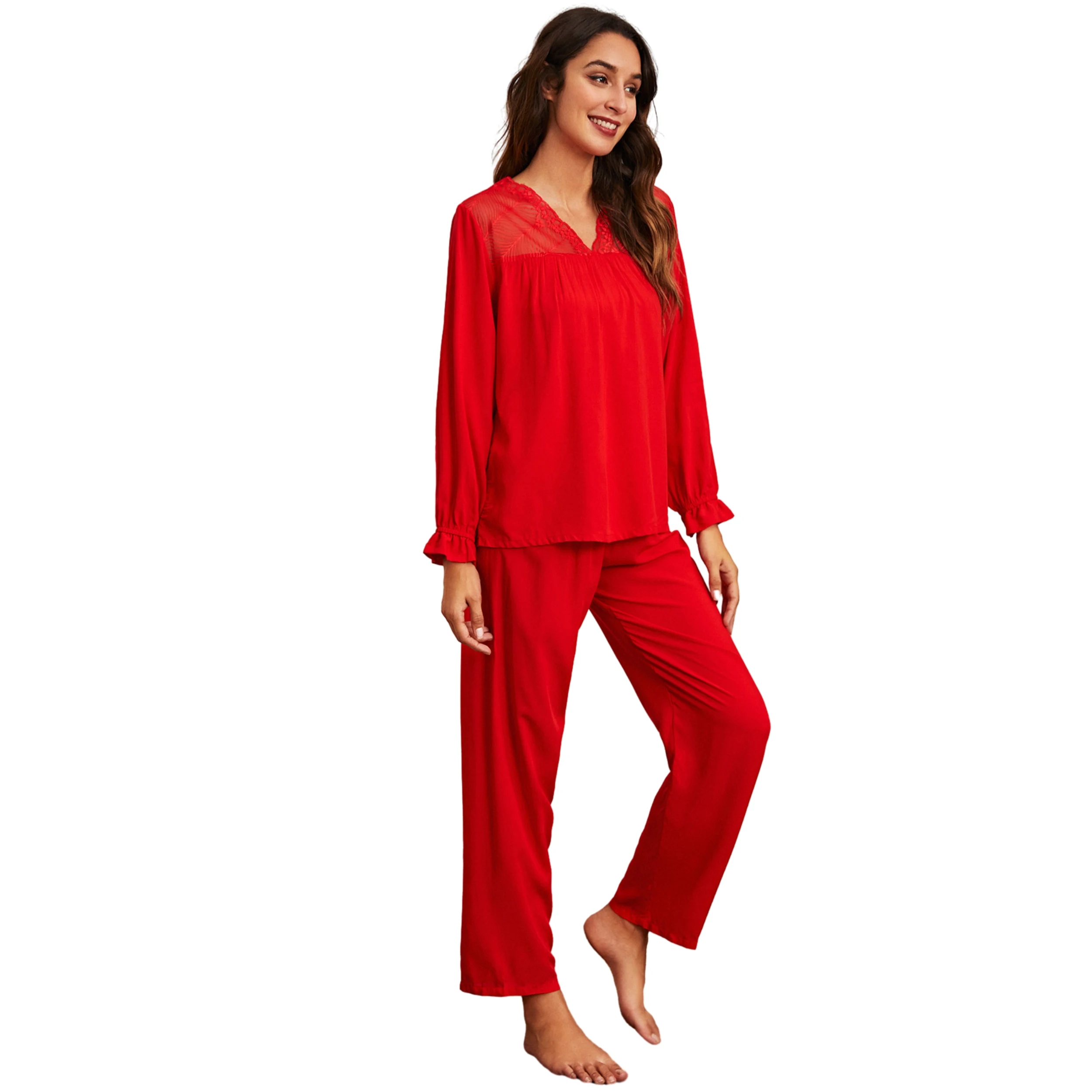 Ensemble de pyjama en coton doux pour femme, vêtements de nuit confortables, haut à manches longues, pantalon At Fit, vêtements de détente