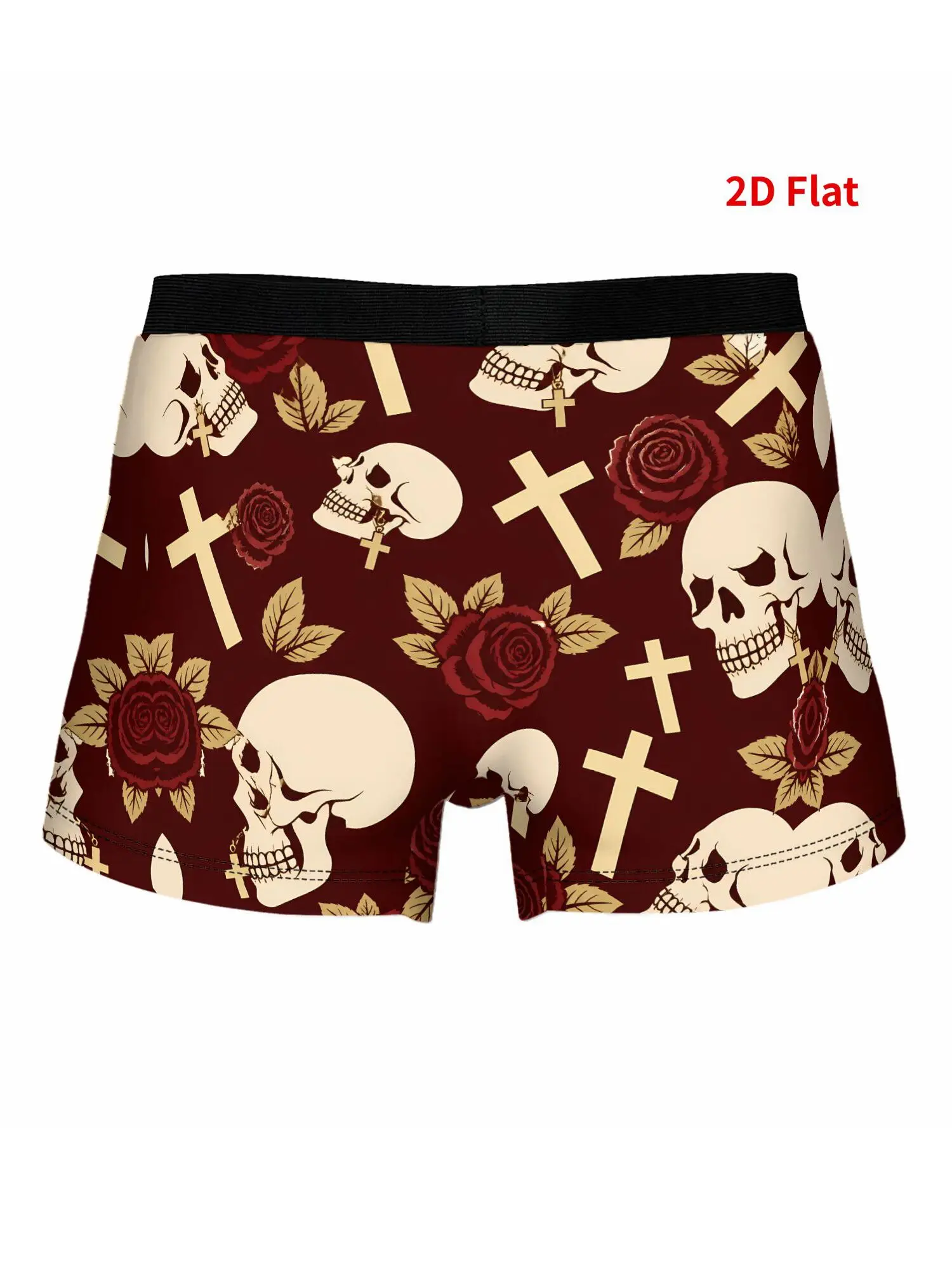 Boxer Briefs with Bright Color 2D Print, Comfortable Stretch Fit Hand Washable for Care(Skull Rose Cross Design)