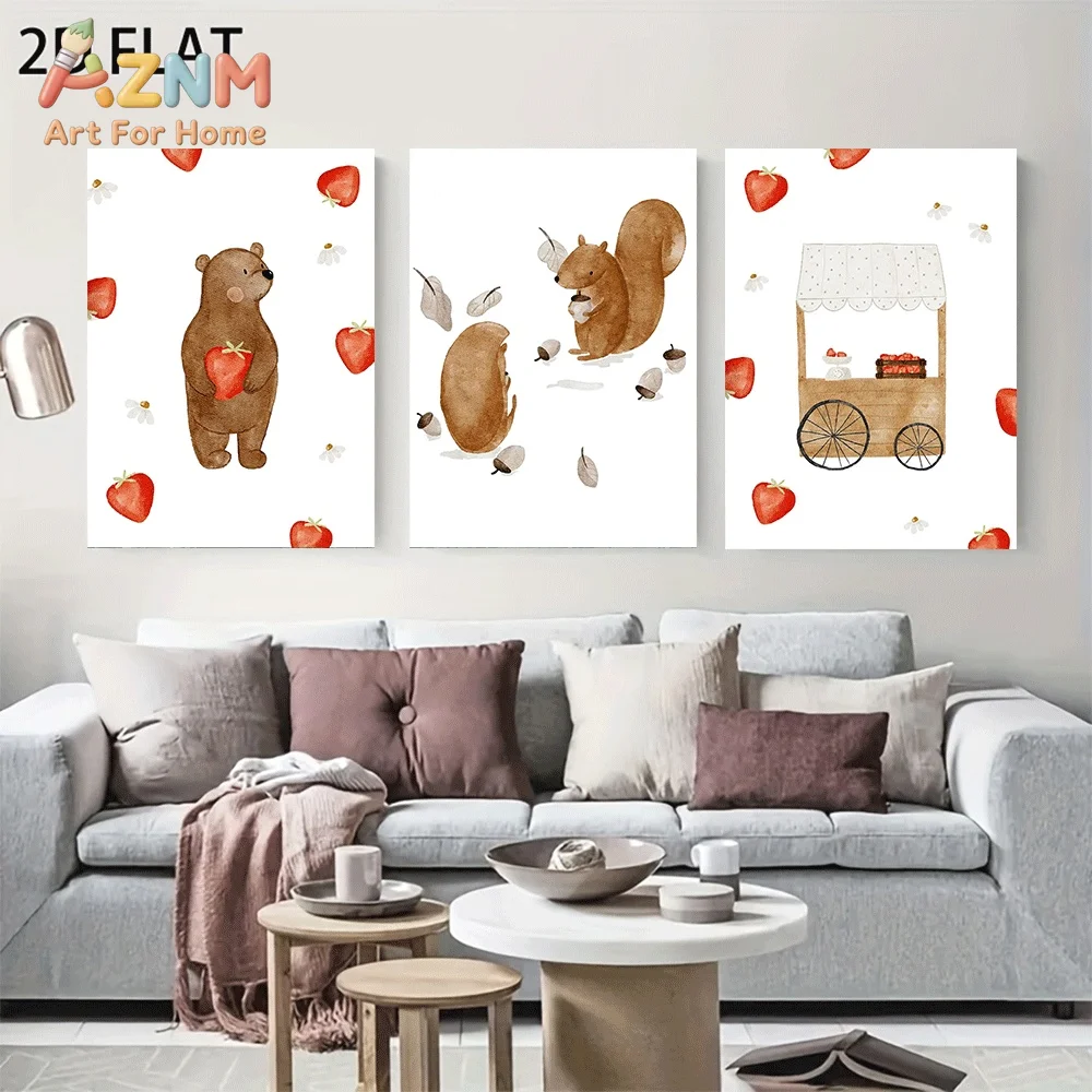 AZNM Watercolor Bear Squirrel Strawberry Cart Canvas Wall Art, Cute Woodland Animal Fruit Daisy Leaf Illustration Print Painting