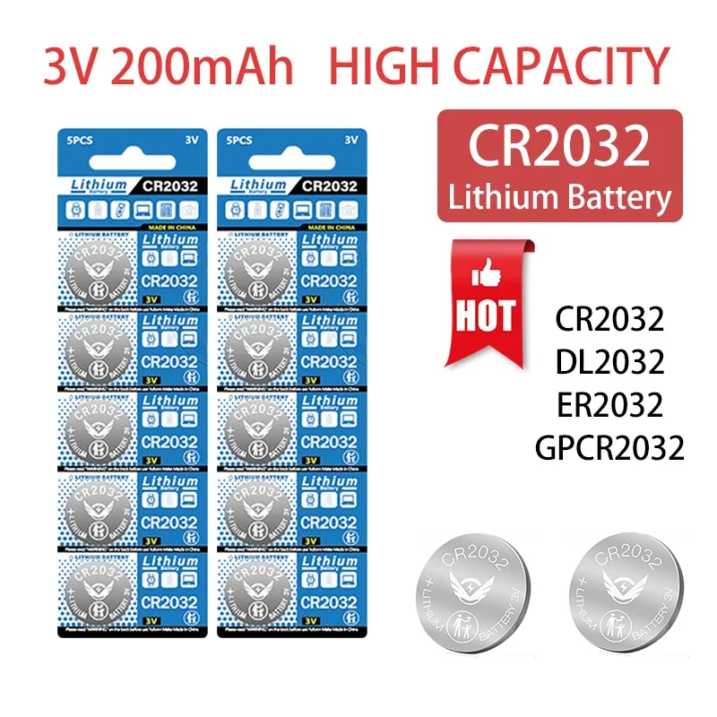 

10-100PCS ultra-large capacity button lithium battery CR2032 200mAh has powerful 3V output for clock car remote control watch