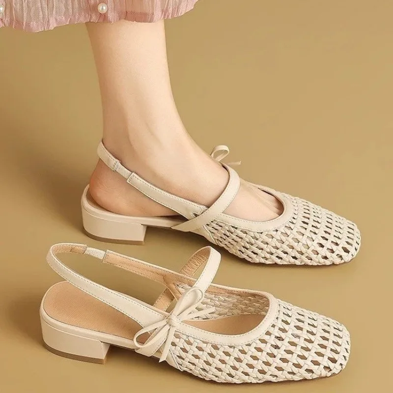 

New Woven Breathable Hollow One-word Strap Toe Sandals for Women Summer Outer Wear Women's Thick Heels
