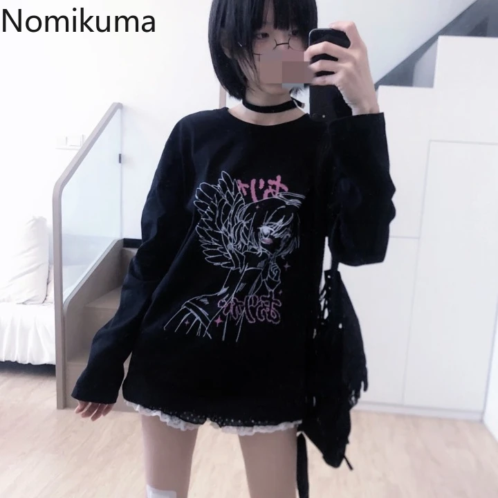 2023 Ropa Mujer Japanese Woman Tshirts Long Sleeve Anine Print O-neck Teees Casual Chic Y2k Tops Sweet White Oversized T Shirt