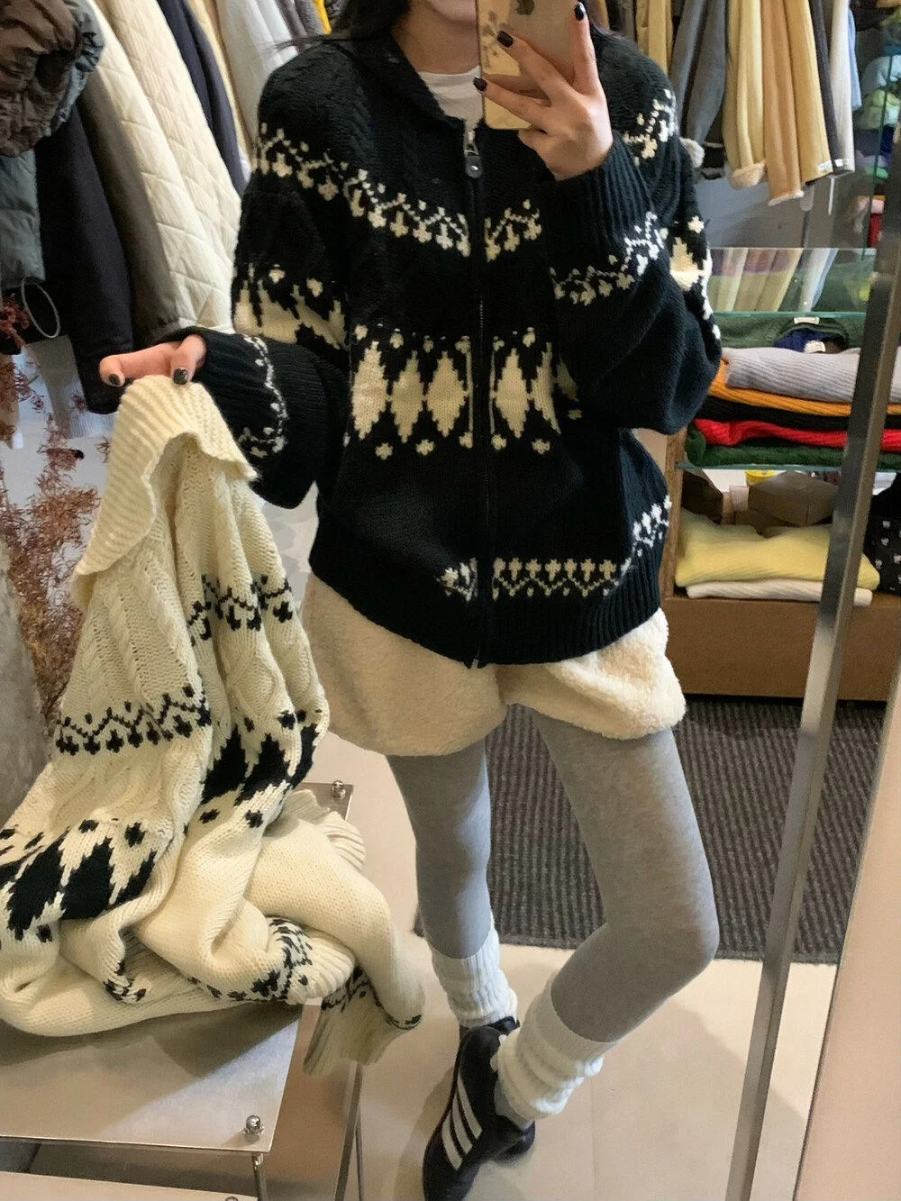 East Gate Winter New Sle Vintage Lazy Bla Fair Isle Knitted Loose Women's Zipper Coat Warm Daily Wear Casual Faion