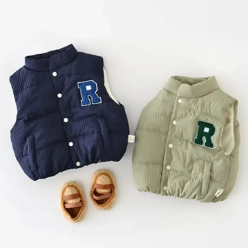 

2025 Winter New Baby Sleeveless Warm Vest Cotton Infant Letter Casual Vest Jacket Toddler Boys Girls Thick Windproof Vest Coat
