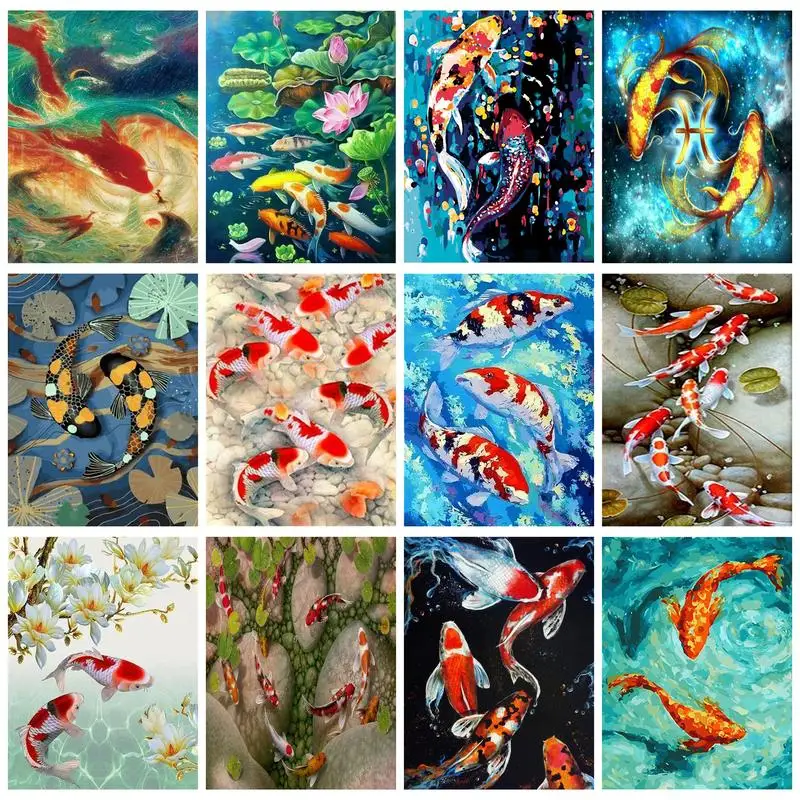 

RUOPOTY 40X50cm Paint By Numbers Carps Fish Drawing With Numbers Handpainted For Adults Kids Wall Art Crafts Paint Kit