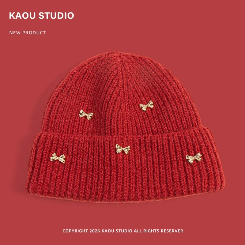 Neue, süße und niedliche Strickmütze mit Schleife, ideal für Herbst und Winter, warm, für Outdoor-Aktivitäten, zum Schutz der Ohren, als bequeme Mütze für Damen. – Detail 9