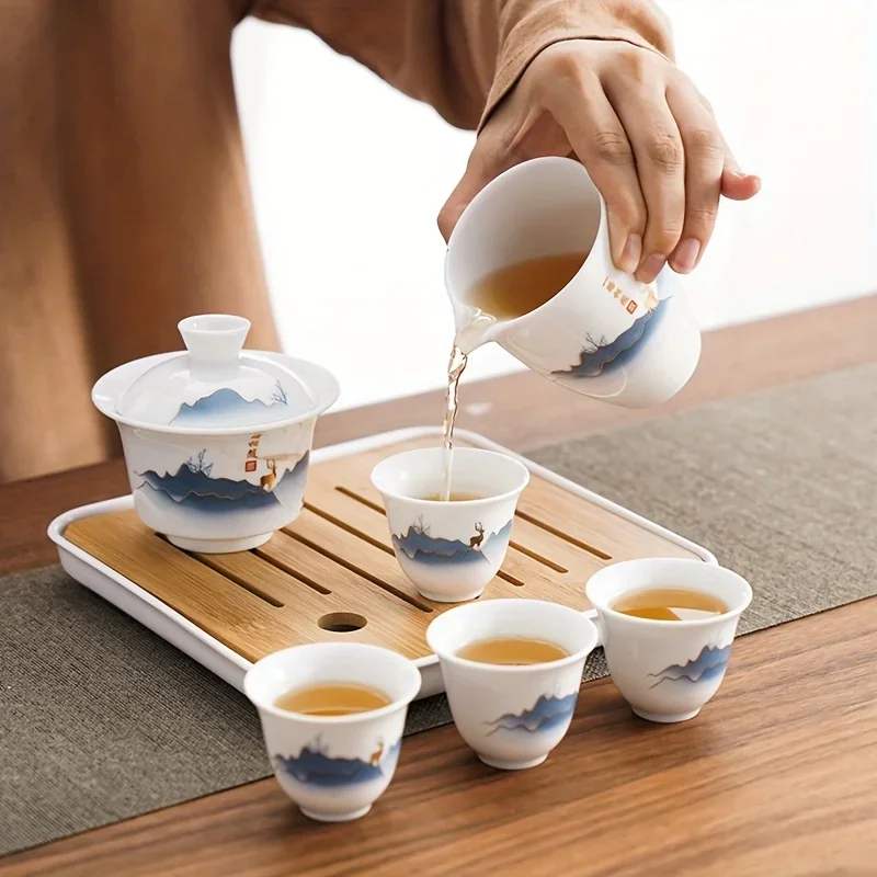 Ceramic Chinese Kung Fu Tea Set，Suitable For Travel Camping Portable  Gaiwan Tea Tray With 4 Tea Cups，tea infuser view 4