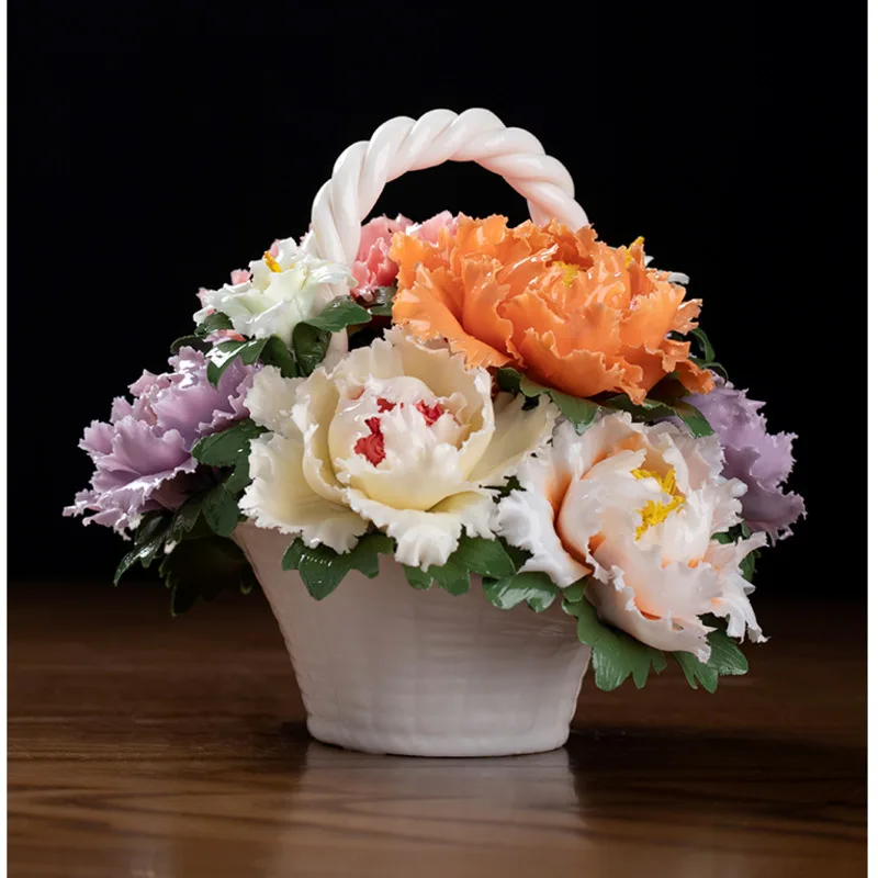 Chinese Flower Basket Blossoms,Rich and Honored Desktop Ornaments,3D Petals, Ceramic Accessories,Living Room,Home Decoration,New