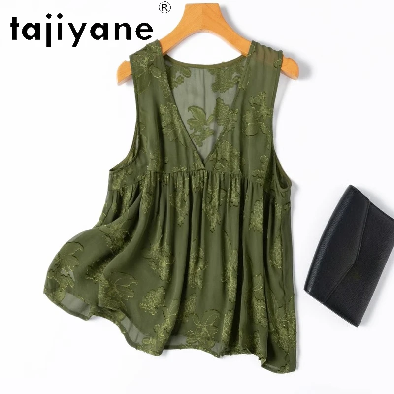 TAJIYANE 100% Mulberry Silk Tank Tops Woman 2025 Old Money Style Green V-neck Vest Loose Summer Top Ladies Clothes кроп топ