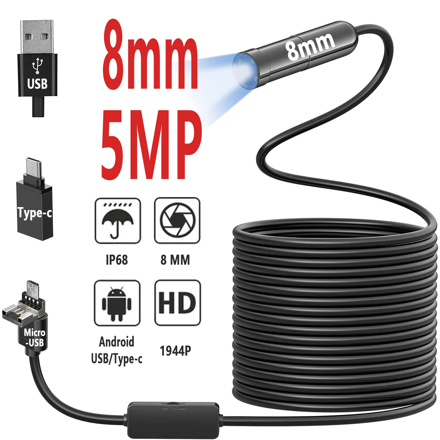 8MM 5MP Auto Focus Automotive Borescope Drain Channel Sewer Pipe Video Inspection Piping Industrial Endoscope Camera For Android