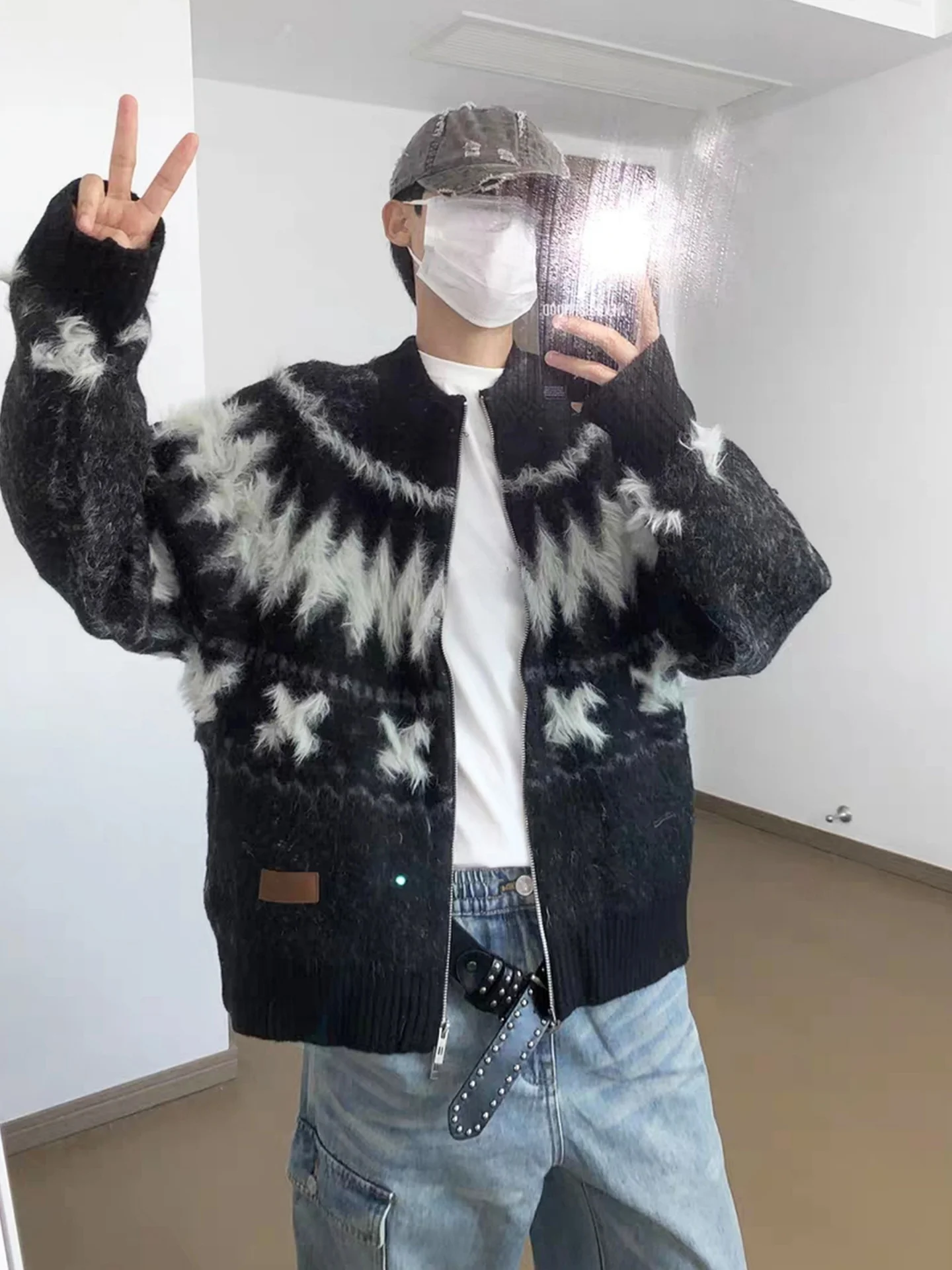 

American High Street Sle Long Hair Faux Fur Fair Isle Knitted Zipper Jaet Men's Autumn Winter Trendy Loose Sweater Top