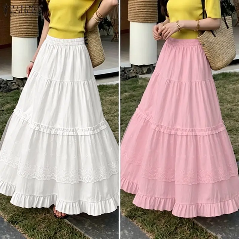 Eleganter Damenrock mit Spitzen-Patchwork, ZANZEA, Sommerrock mit elastischer Taille, lange Röcke, lässig, A-Linie, Urlaub, Faldas, Saia, Jupe, lockeres Sommerkleid