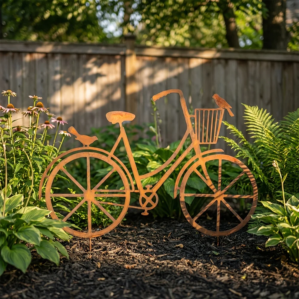 [2D Flat] 1pc Rusted Vintage Metal Bicycle Garden Stake, Decorative Bicycle, Rusty Bicycle Corten Garden Decor, Garden Gift