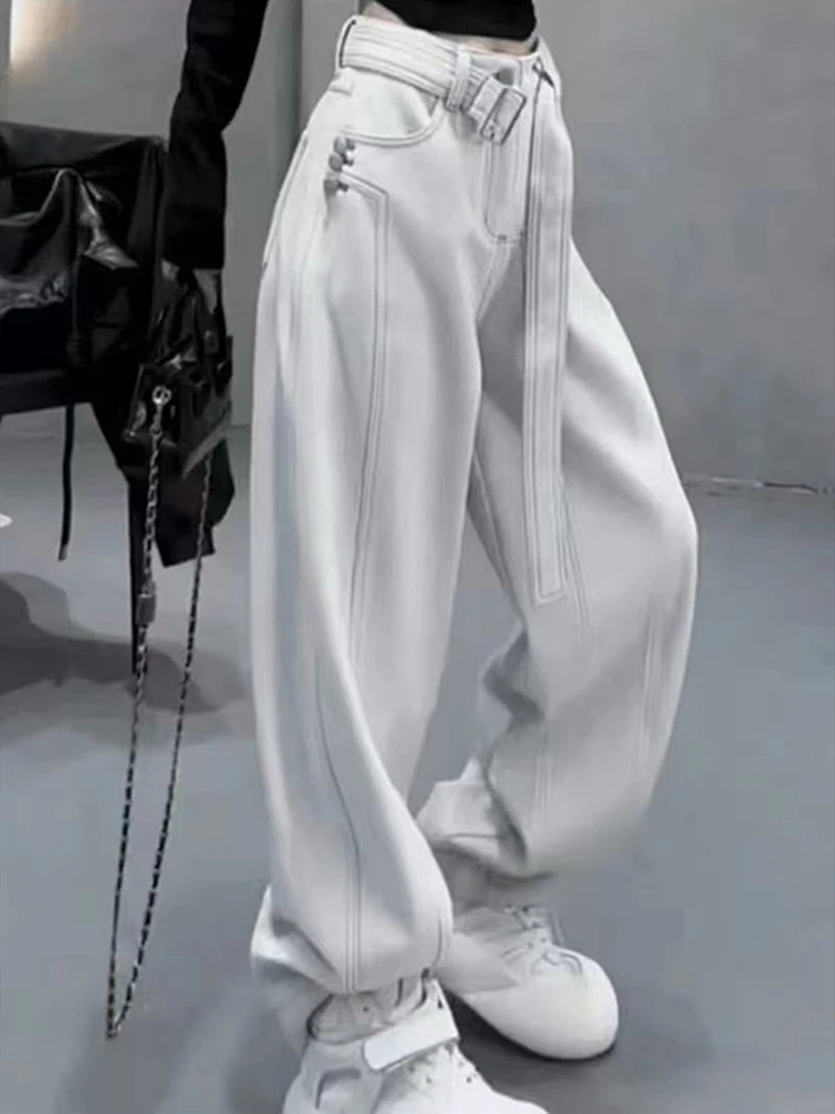 

Women Fashion White Denim Jeans Retro Ladies Loose Straight Pants Mid Waist Pocket Trousers Casual De Mujer Pantalon Femme