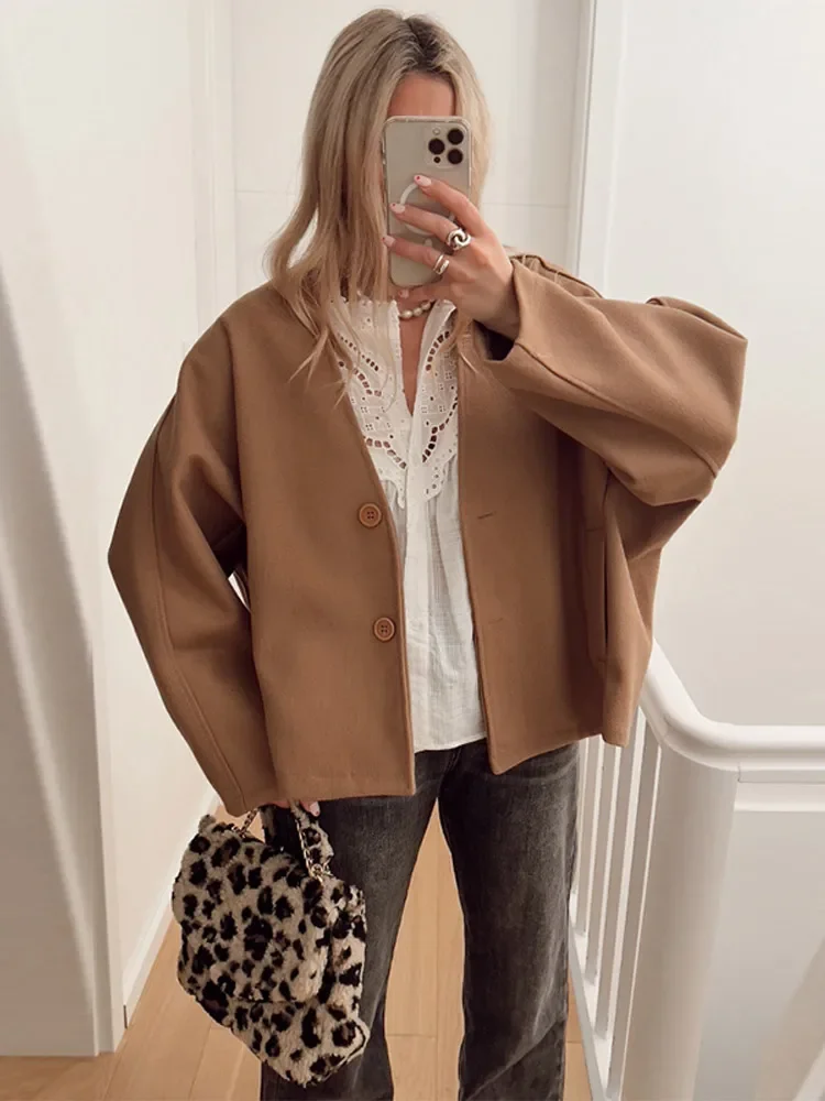 

Women Fashion Solid Single Breasted Short Coat Casual Long Sleeves V Neck Thick Jacket 2024 Autumn New Lady Commute Outerwear