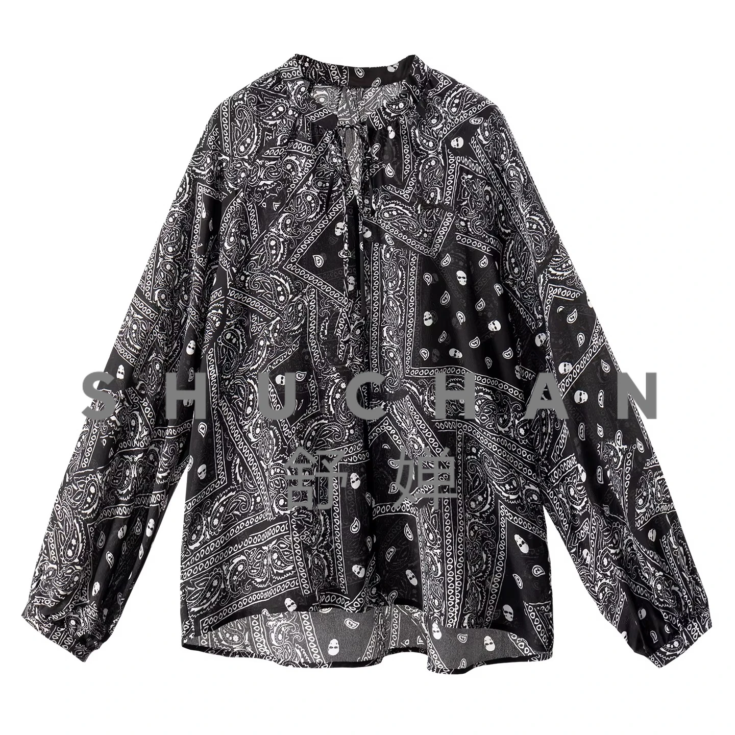 

Real Natural Silk Double Crepe Black and White Contrasting Color Artistic Printing Shirt Women 42K1