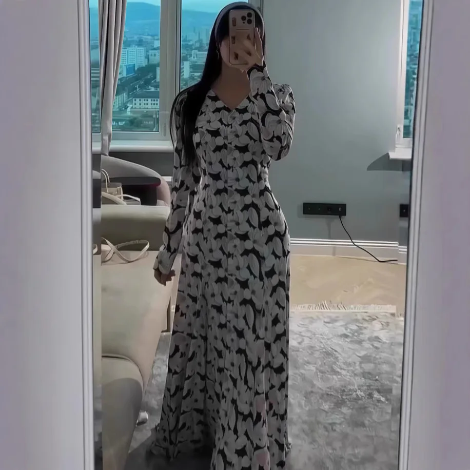 

2025 Women's Print Maxi Dress Long Sleeve Belted Waist Elegant Fall Casual Gown