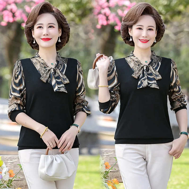 Female Clothing Printed Bowtie collar Shirt Bandage Spring Autumn New  Patchwork long sleeves Blouse