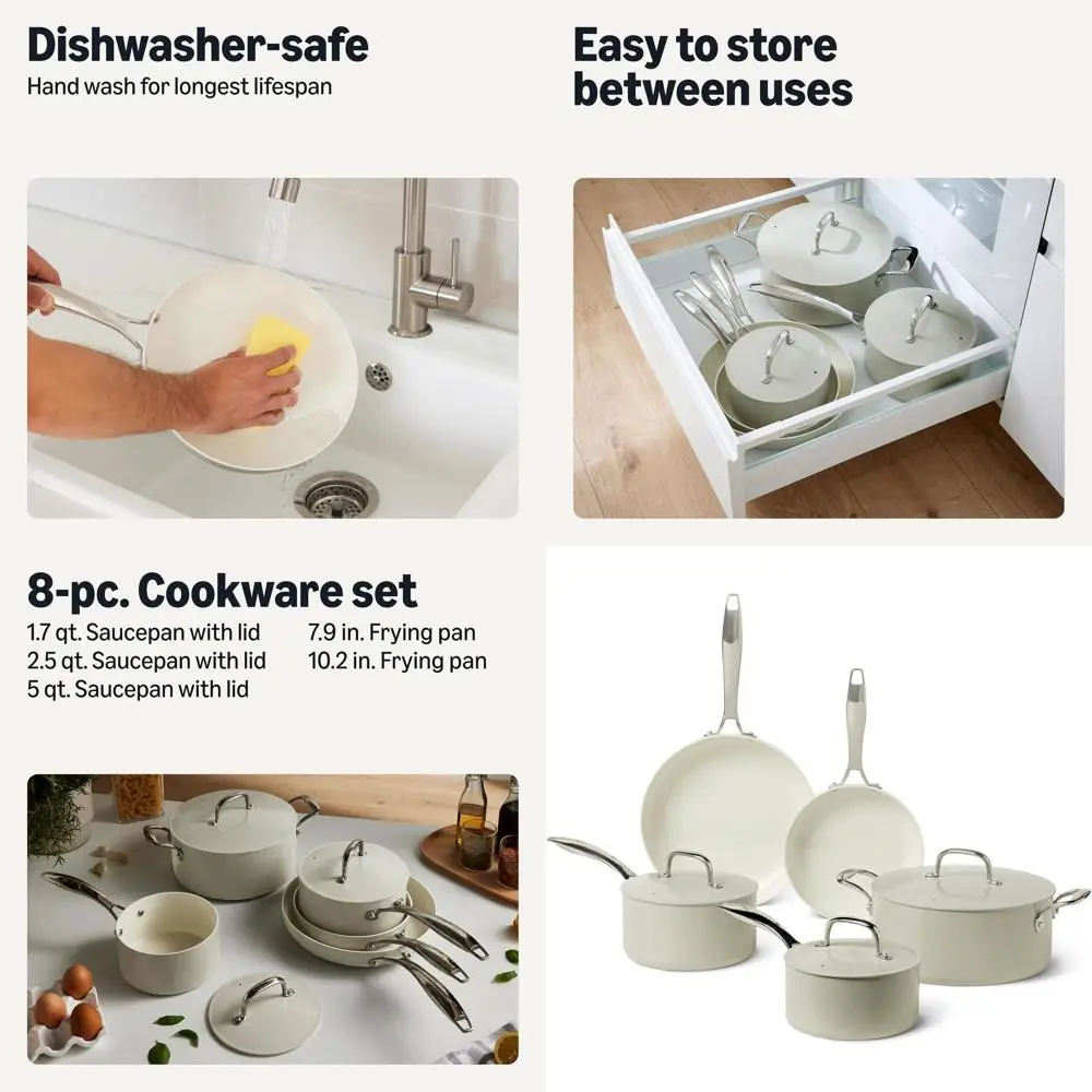 

8-Piece Nonstick Cookware Set: Oven and Dishwasher Safe, All Cooktop Compatible, Linen Gray