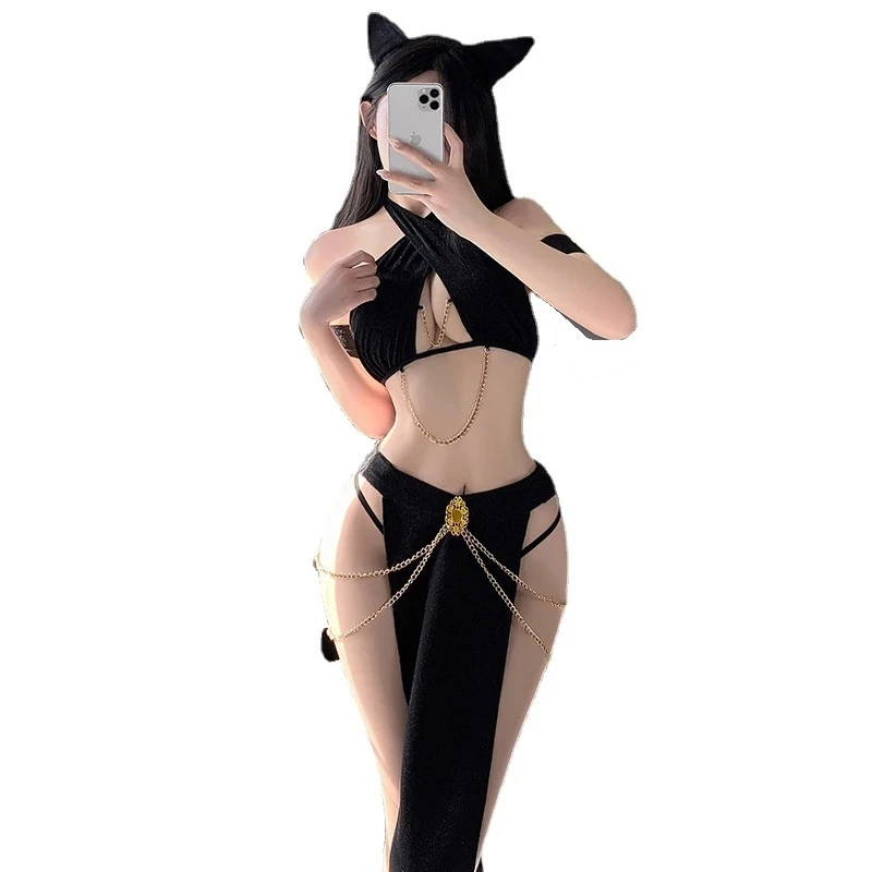 Disfraz de Cleopatra de Reina Medieval para mujer adulta, traje de uniforme de oreja de gato lindo negro, lencería Sexy con cadena de juego para fiesta