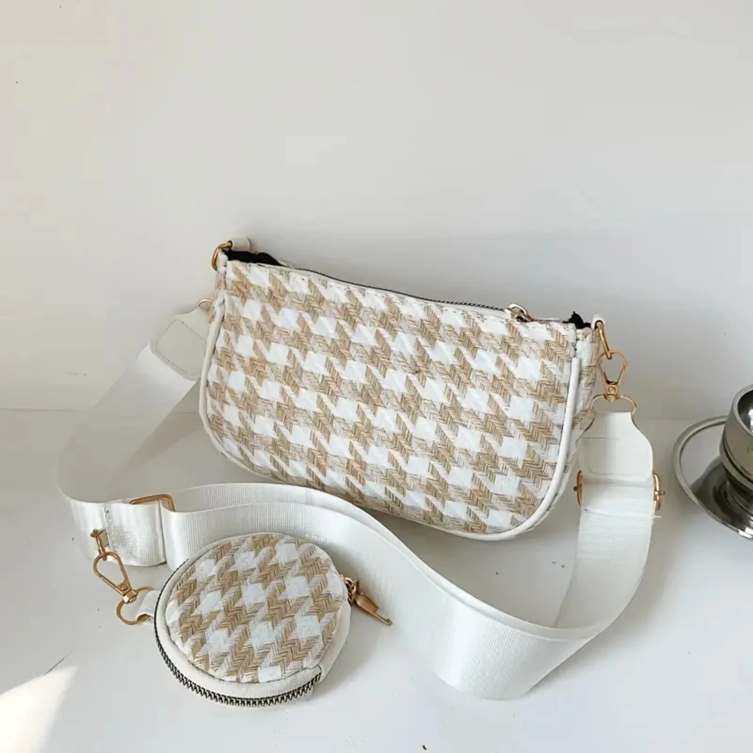 حقيبة كروس كلاسيكية للنساء، حقيبة كتف 2 في 1 مع حزام قابل للتعديل، محفظة دائرية، حقائب نسائية مركبة