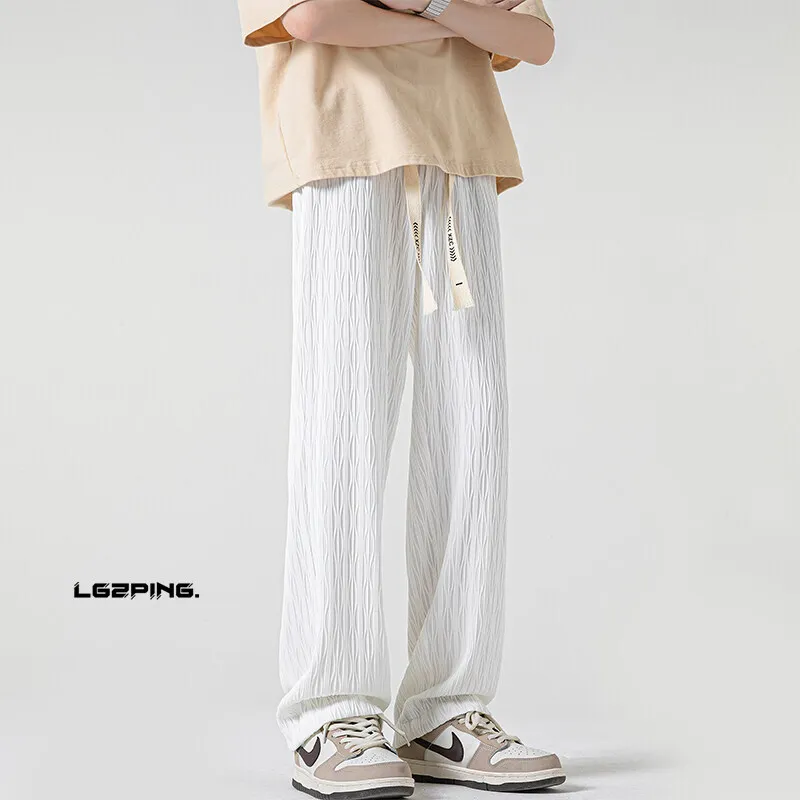 Summer Casual Pants Men Fashion Stretch Ice Silk Pants Men Streetwear Loose Straight Pleated Pants Mens Trousers Large Size 5XL