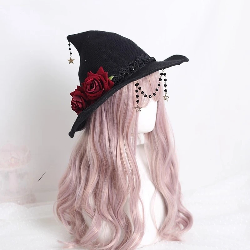 

Black Gothic Halloween Witch Hat Bow Lolita Wide Brimmed Hat Lolita Grid Knitted Witch Hat