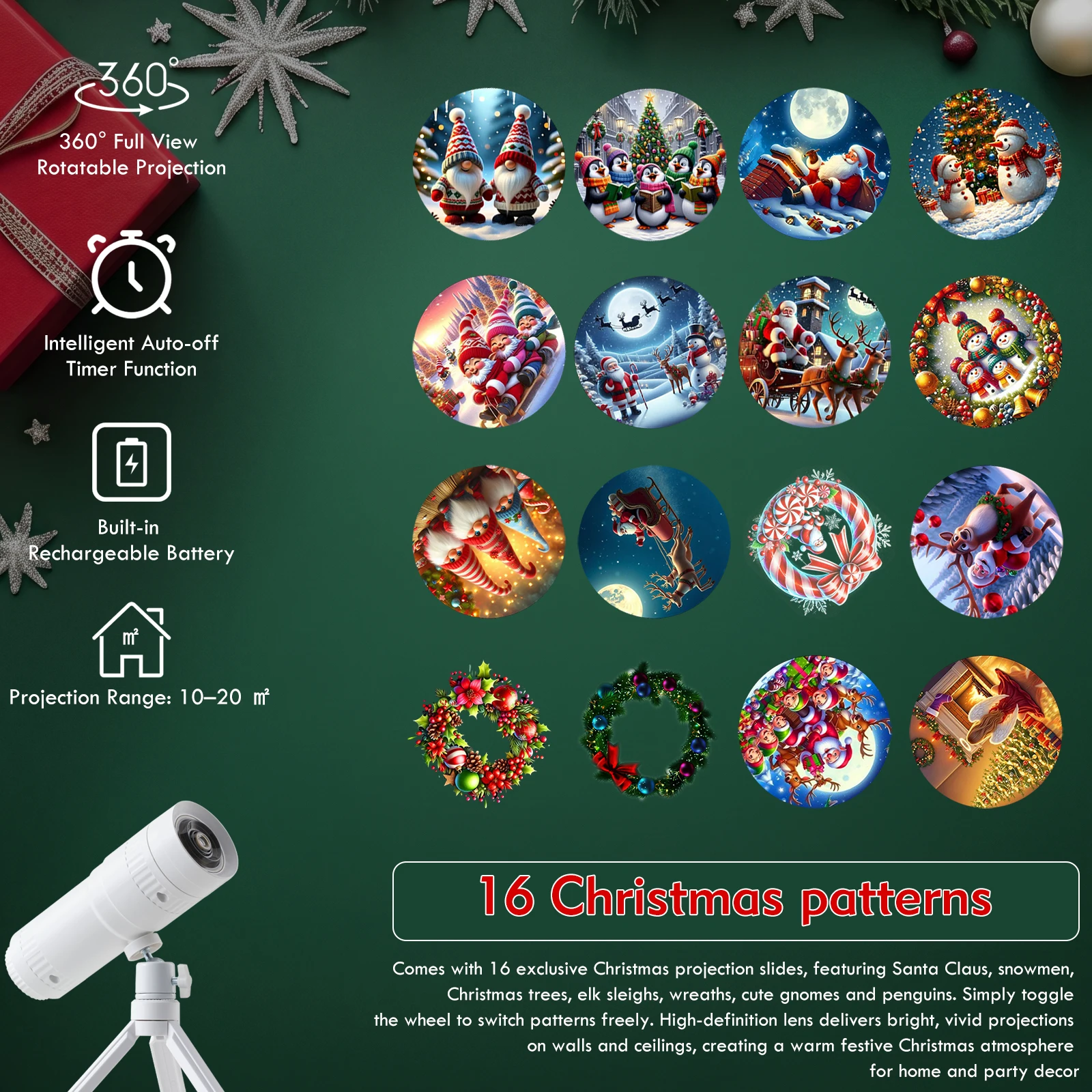 Christmas Pattern Projector Lamp with 16 Switchable Patterns 1500mAh Rechargeable Tripod Lamp for Holiday Atmosphere Decor Light