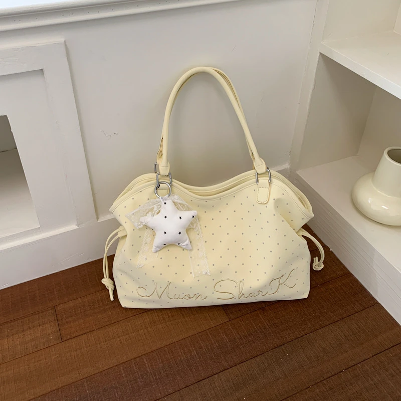 Polka Dot Star Pattern Canvas Tote Bag Commuter Casual Large Capacity Shoulder Underarm Bag Shopper Bag With Pendant Accessory view 5