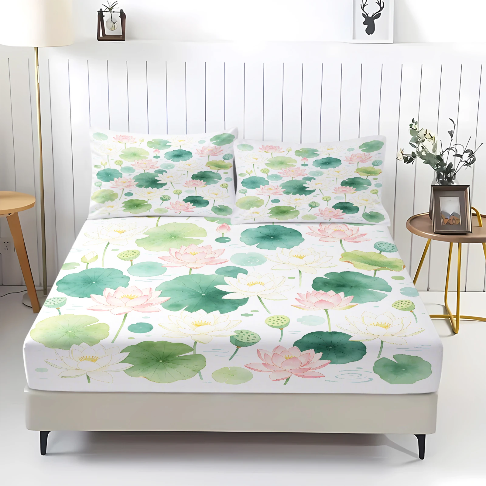 Lotus Floral Fitted Sheet Set Soft Breathable Mattress Protector Cover Elastic Deep Pocket Bed Sheet with Pillowcases Bedding