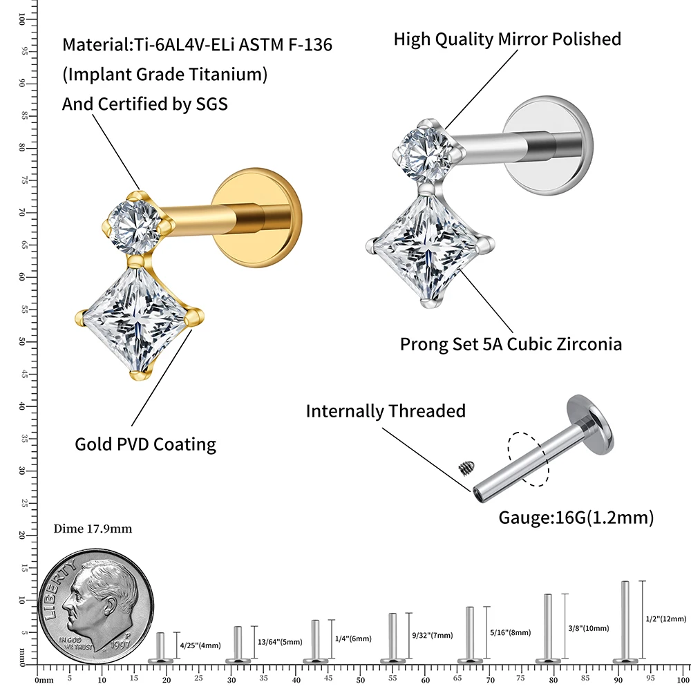 Right Grand ASTM F136 Titanium 16G Square & Round CZ Labret Stud Helix Conch Cartilage Earring Tragus Stud Piercing Body Jewelry