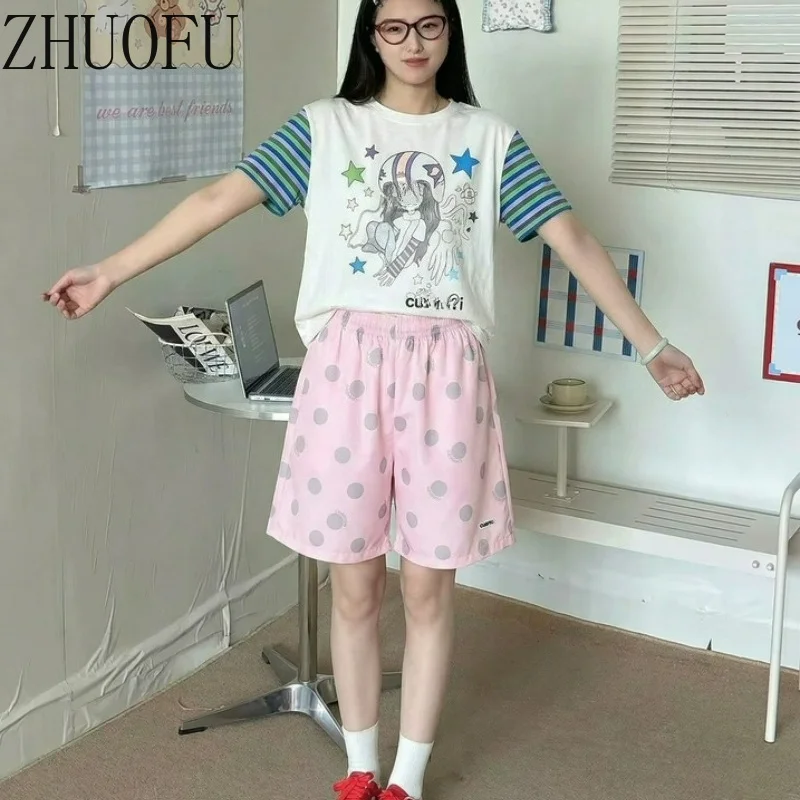 Japanese Design Casual Age-reducing Polka Dot Women's Pants 2026 New High Waist Y2k Versatile Loose Five-point Trousers Ladies