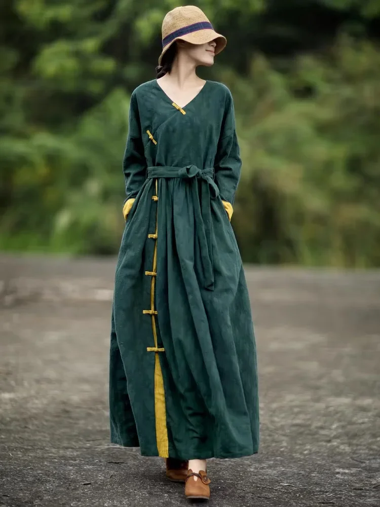 

2025 Autumn New Woman Dresses Vestidos Robe Loose Cotton Linen Long Sleeve Viantage Long Dresses