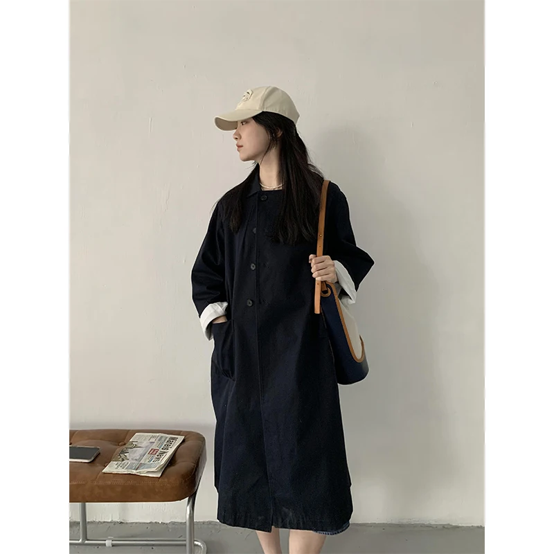 

Loose oulder Length Coat Egg Flip Collar Two-Way Wear Commute Sle Long Sve Mid-Length Single Button Pure Color