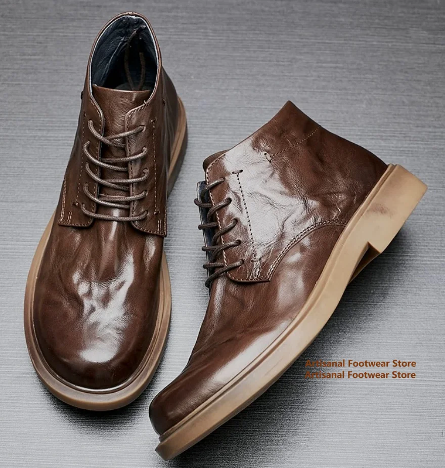

Black/brown Cowhide Boots Business Casual High-Top Handmade Short Boots Fashionable Lace Up Wear-Resistant Booties Men Shoes