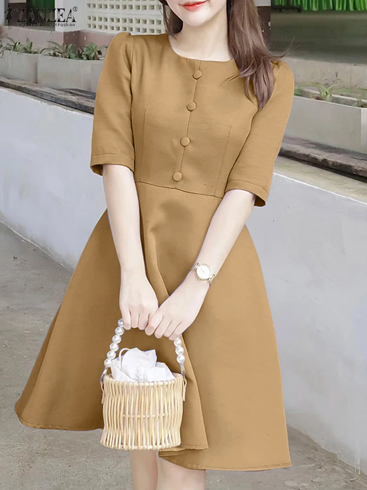 ZANZEA Elegante Frau A-linie Kleider Rundhals Halbe Hülse Ausgestattet Taille Knielangen Roben Femme Sommer Büro Tag Tragen Vestidos