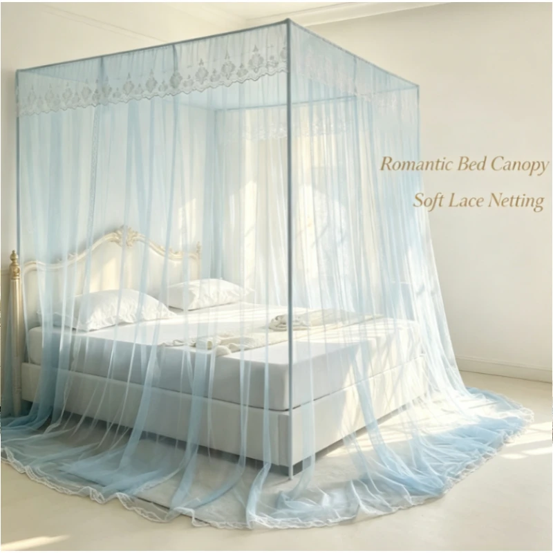 Square Lace Mosquito Net with 3-Door Zipper, Fits 1.5m/1.8m Beds,Frame & Anti-Fall Design for Home Use