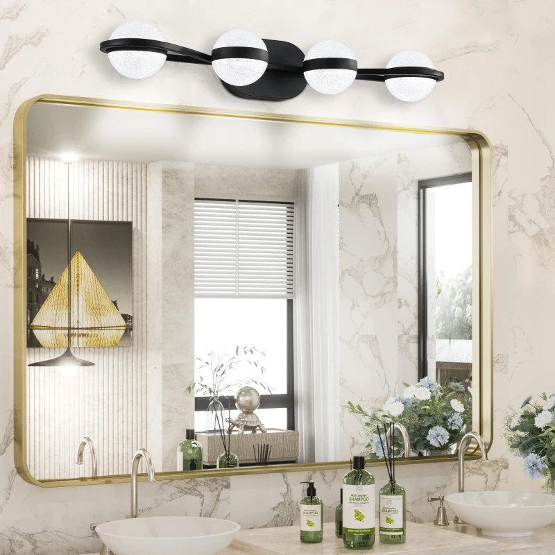 30" Black Minimalist LED Bathroom Vanity Light Crystal Sand Acrylic Shades 4light Wall Mounted Decorative Lighting Fixture