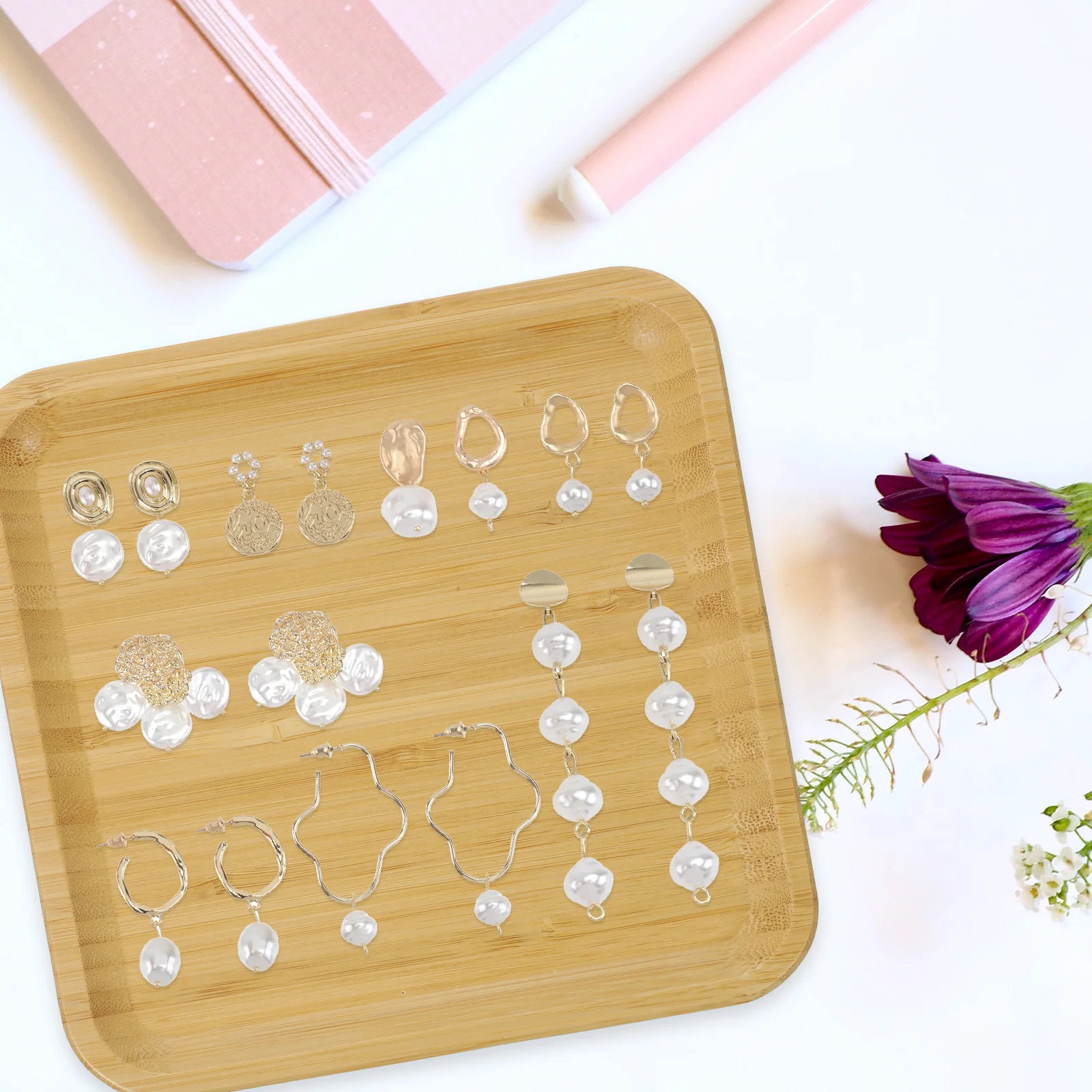 

Bamboo Jewelry Tray Square Durable Compact Nightstand Tray Small Decorative Trinket Dish Organizer Engagement Ring Dish