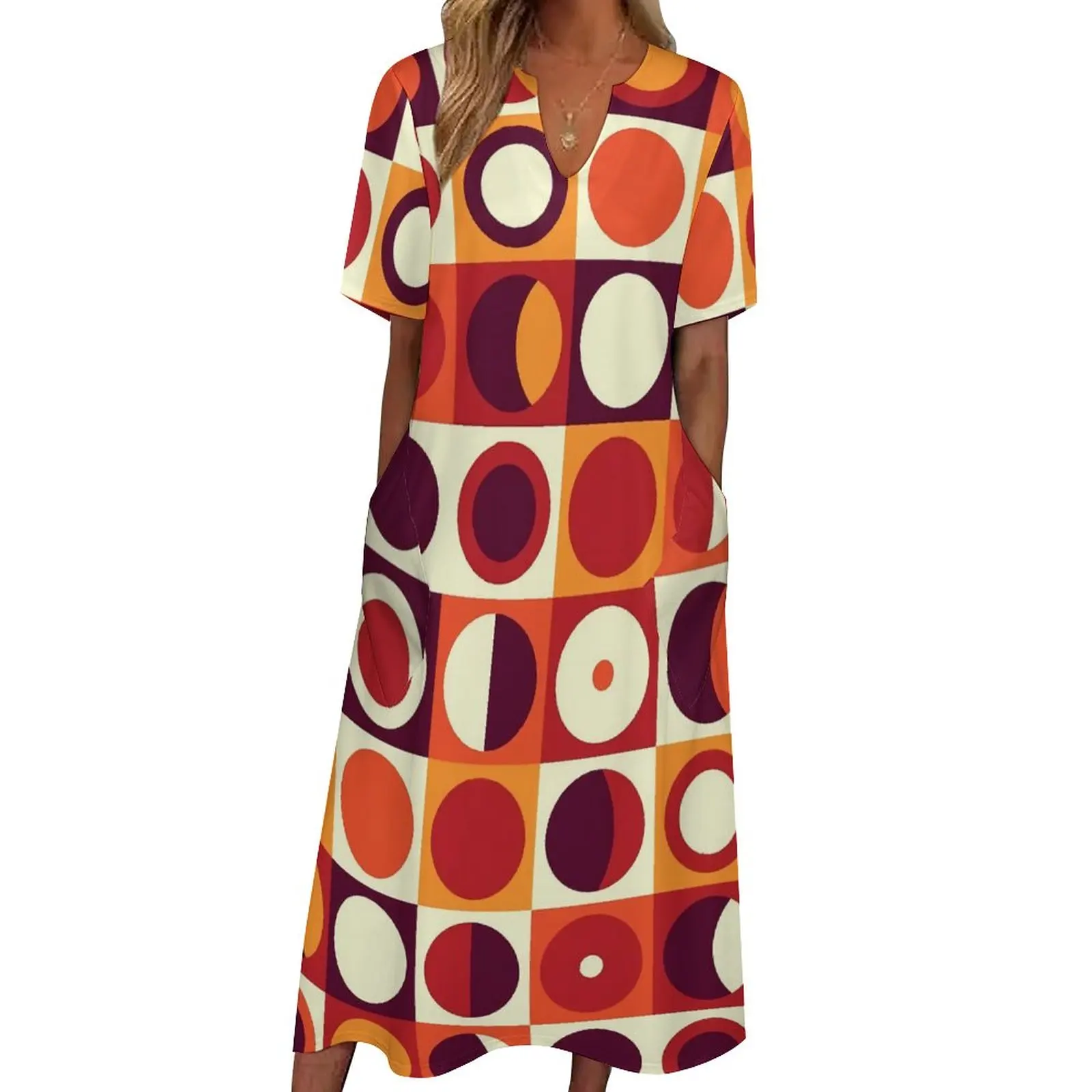 

Retro Mod Dress Orangy 70s Print Beach Maxi Dress Street Wear Bohemia Long Dresses Summer V Neck Graphic Vestido 3XL 4XL 5XL