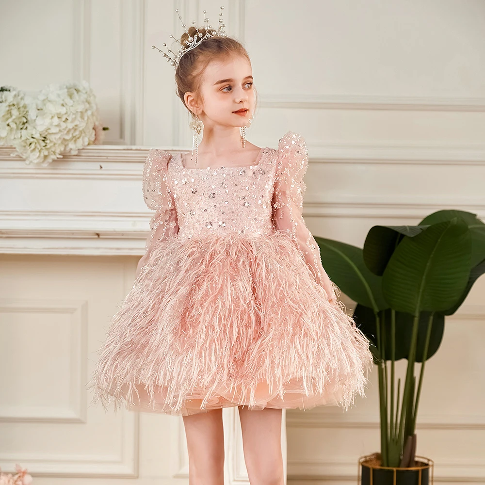 

Luxury Flowers Girl's Party Dresses Long Sleeves Puffy Princess Pageant Prom Gowns A-line Mini Beaded Birthday Outfit