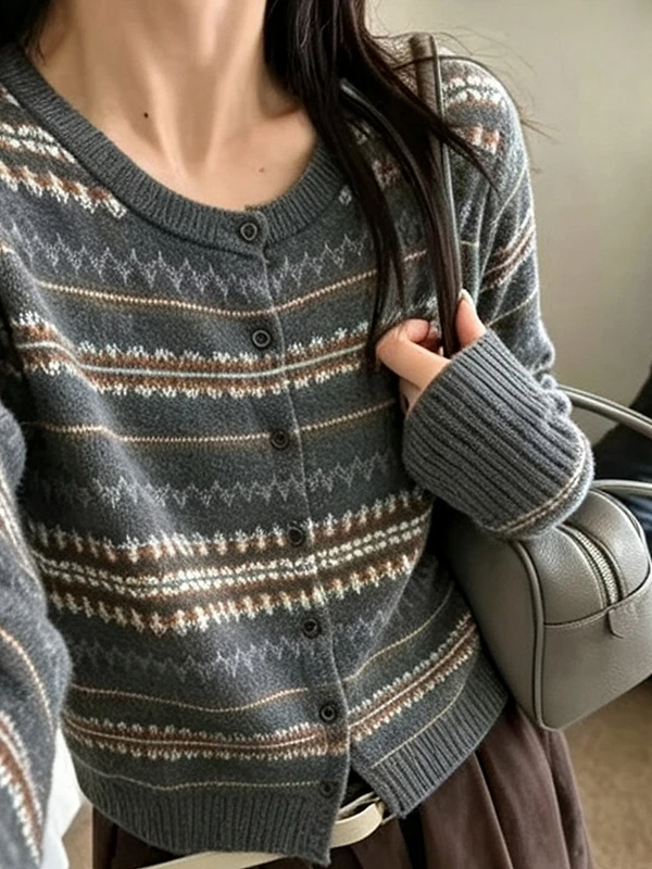 Retro Striped Color Block Korean Style round Neck Loose Knitted Wool Sweater for Women Fashionable Autumn New Arrival