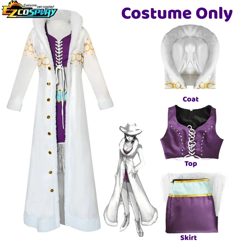 Nico Robin Costume Cosplay Anime 1 pezzo Abito viola Uniforme Collo lungo in pelliccia Mantello bianco Vestito punk Halloween per adulti