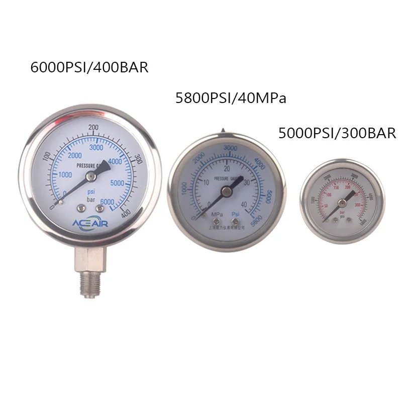 HPA High Pressure Gauge M10*1 1/8BSP 1/8NPT Pneumatic 6000PSI 300BAR 40MPa Manometer For Compressor Station Diving Accesories