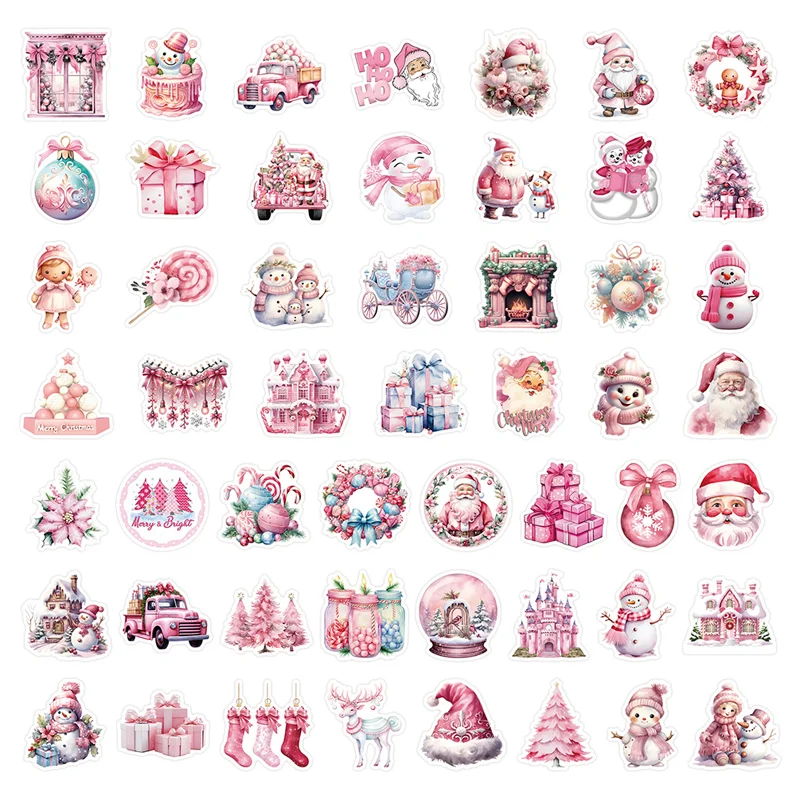 52pcs 귀여운 만화 핑크 크리스마스 스티커 산타 클로스 데칼 노트북 노트북 전화 가방 장식 스티커 어린이 장난감