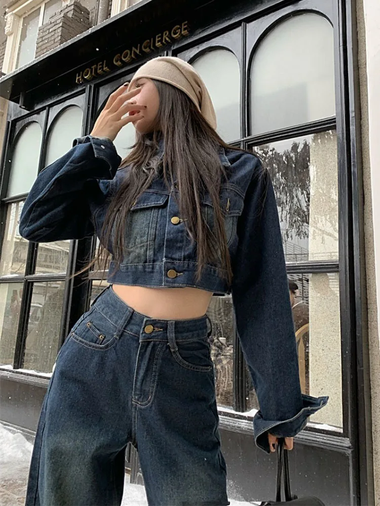 Vintage denim suit women\'s short coat top + Jeans wide leg pants 2023 spring autumn new  fashion two-piece set